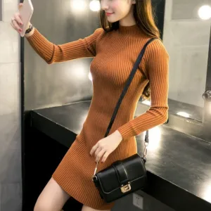 Half-Height Collar Thick Mid-Length Korean Slimming Pencil Dress Hip Flattering Knitted Sweater