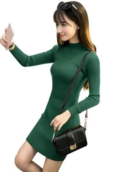 Half-Height Collar Thick Mid-Length Korean Slimming Pencil Dress Hip Flattering Knitted Sweater