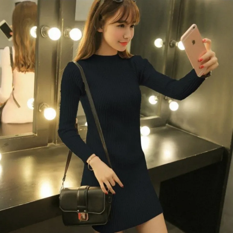 Half-Height Collar Thick Mid-Length Korean Slimming Pencil Dress Hip Flattering Knitted Sweater