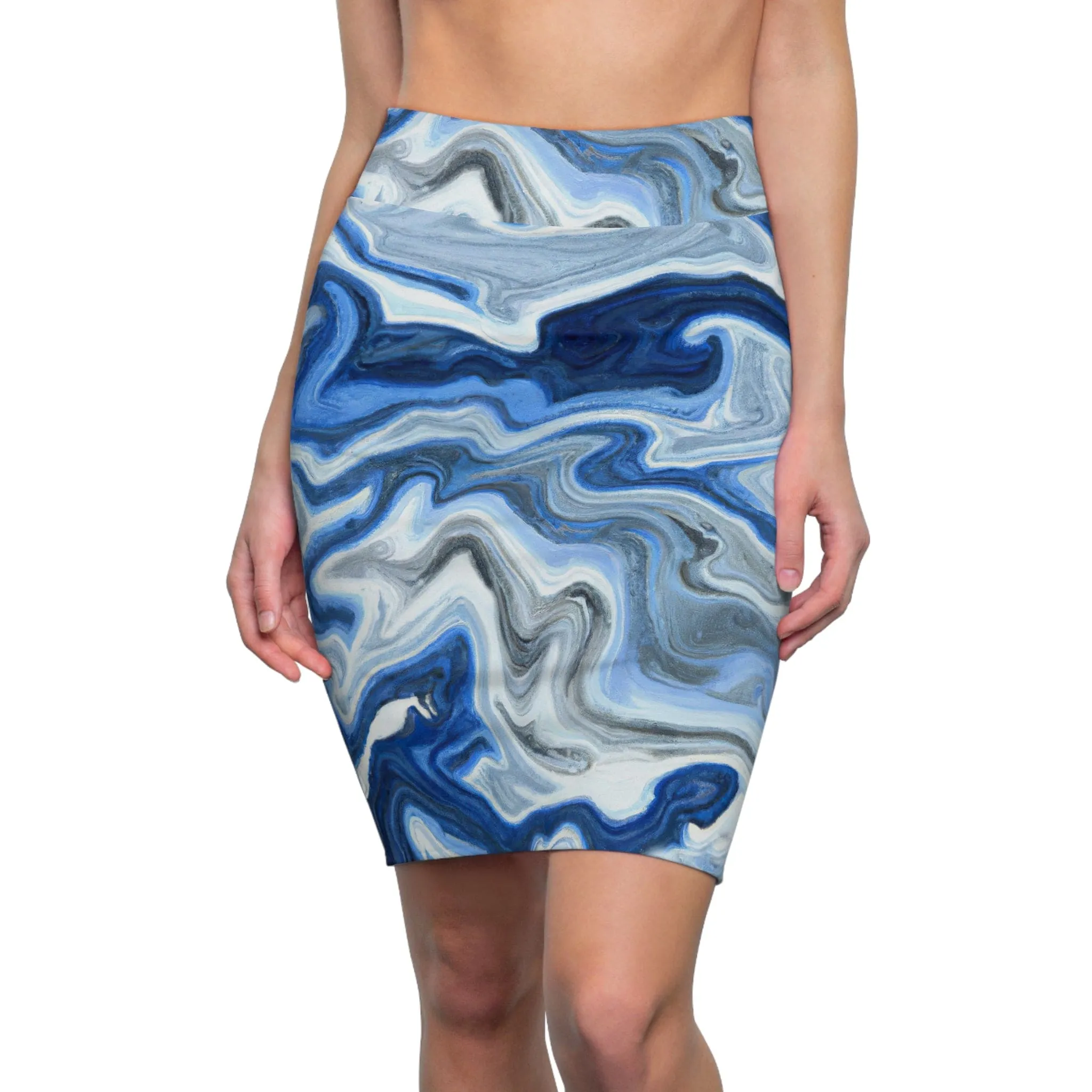 High Waist Womens Pencil Skirt - Contour Stretch - Blue White Grey Marble Pattern