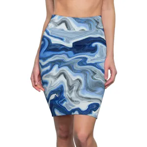 High Waist Womens Pencil Skirt - Contour Stretch - Blue White Grey Marble Pattern