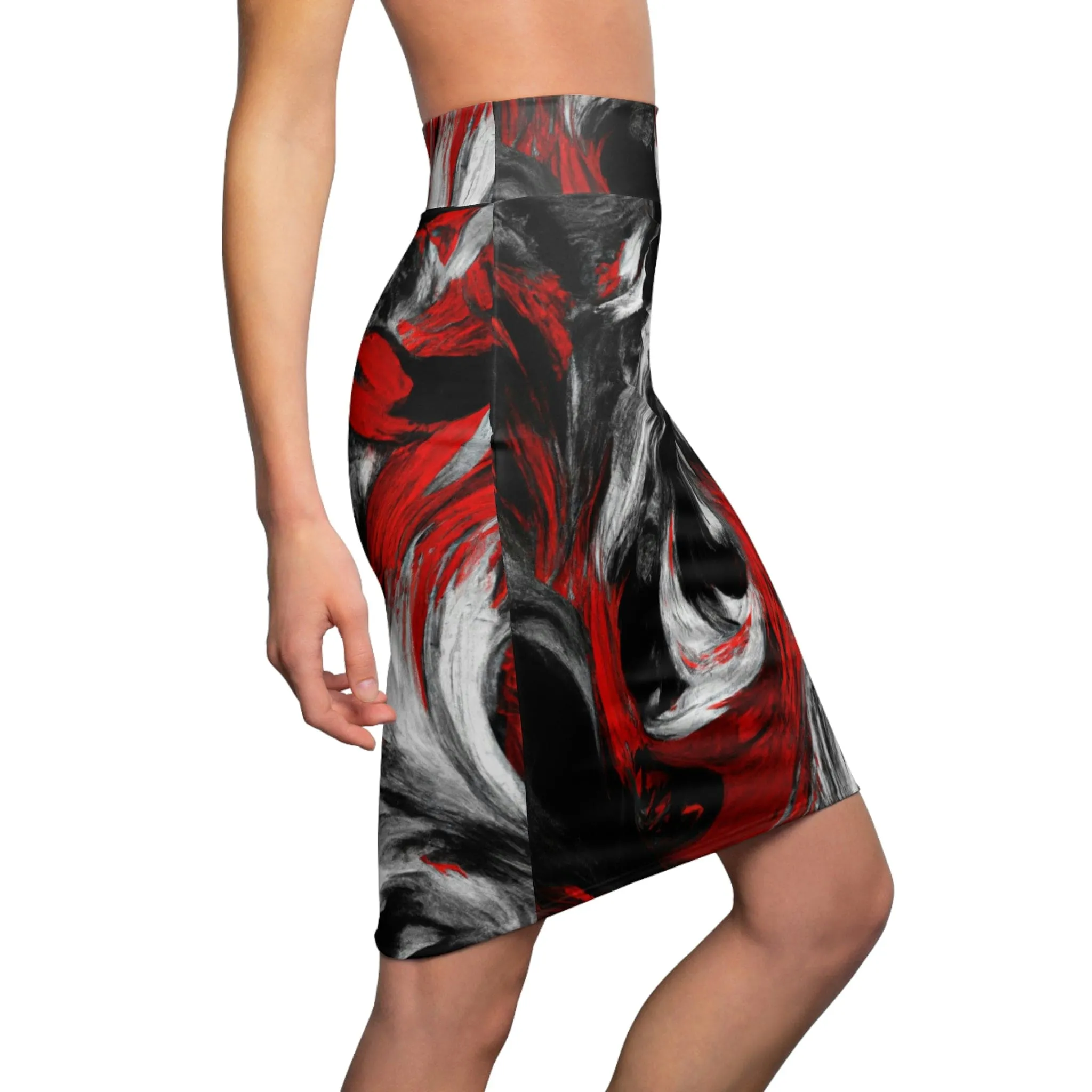 High Waist Womens Pencil Skirt - Contour Stretch - Decorative Black Red White Abstract Seamless Pattern