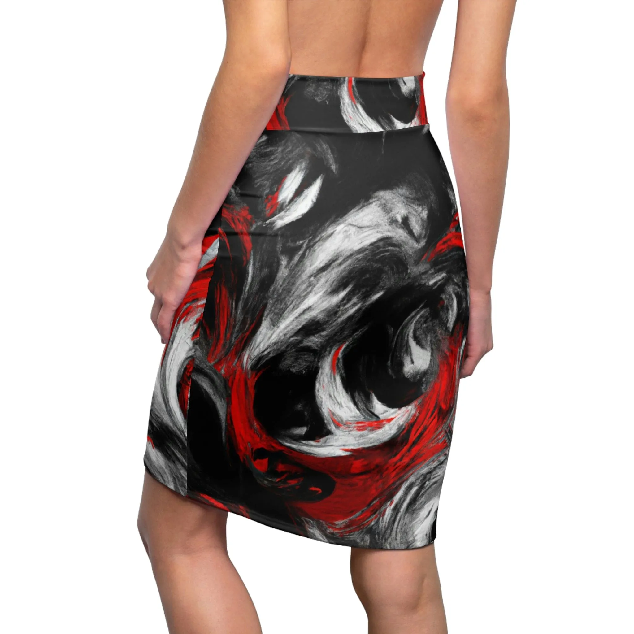 High Waist Womens Pencil Skirt - Contour Stretch - Decorative Black Red White Abstract Seamless Pattern