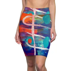 High Waist Womens Pencil Skirt - Contour Stretch - Multicolor Abstract Expression Pattern 030423b