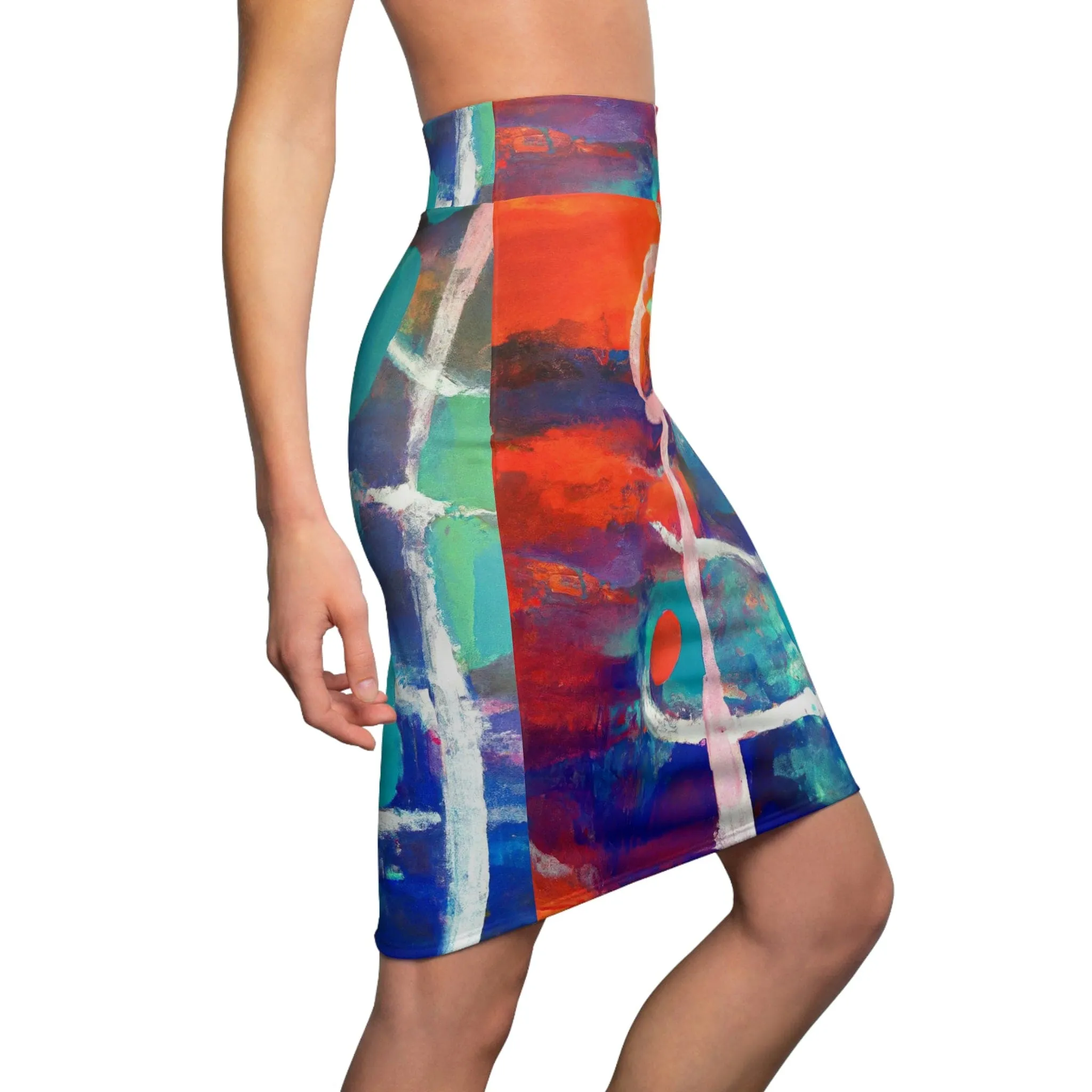 High Waist Womens Pencil Skirt - Contour Stretch - Multicolor Abstract Expression Pattern 030423b
