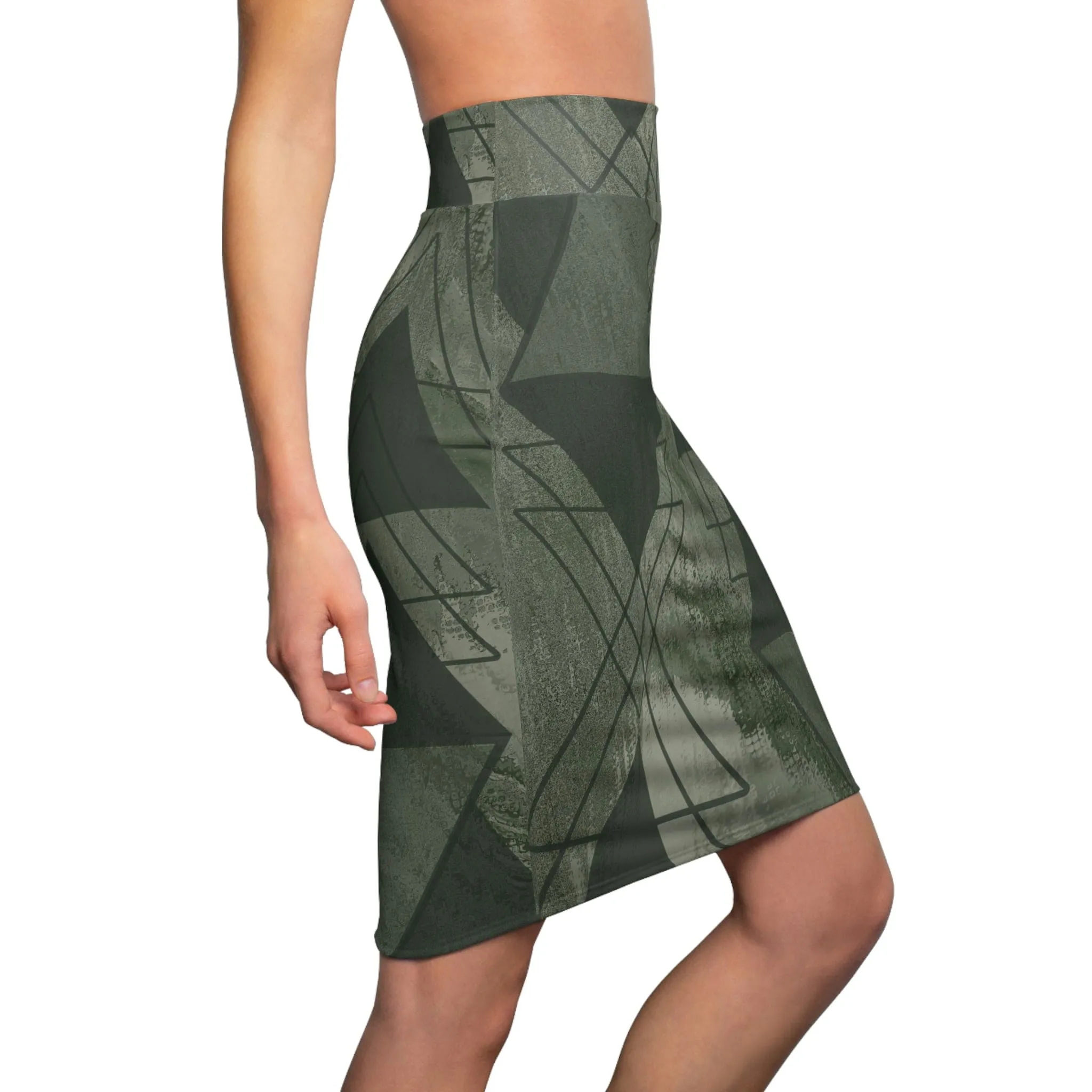 High Waist Womens Pencil Skirt - Contour Stretch - Olive Green Triangular Colorblock