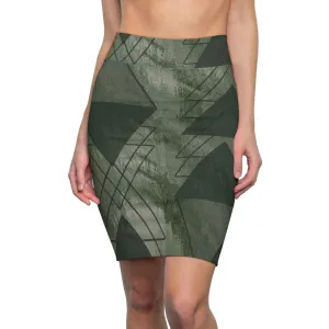 High Waist Womens Pencil Skirt - Contour Stretch - Olive Green Triangular Colorblock