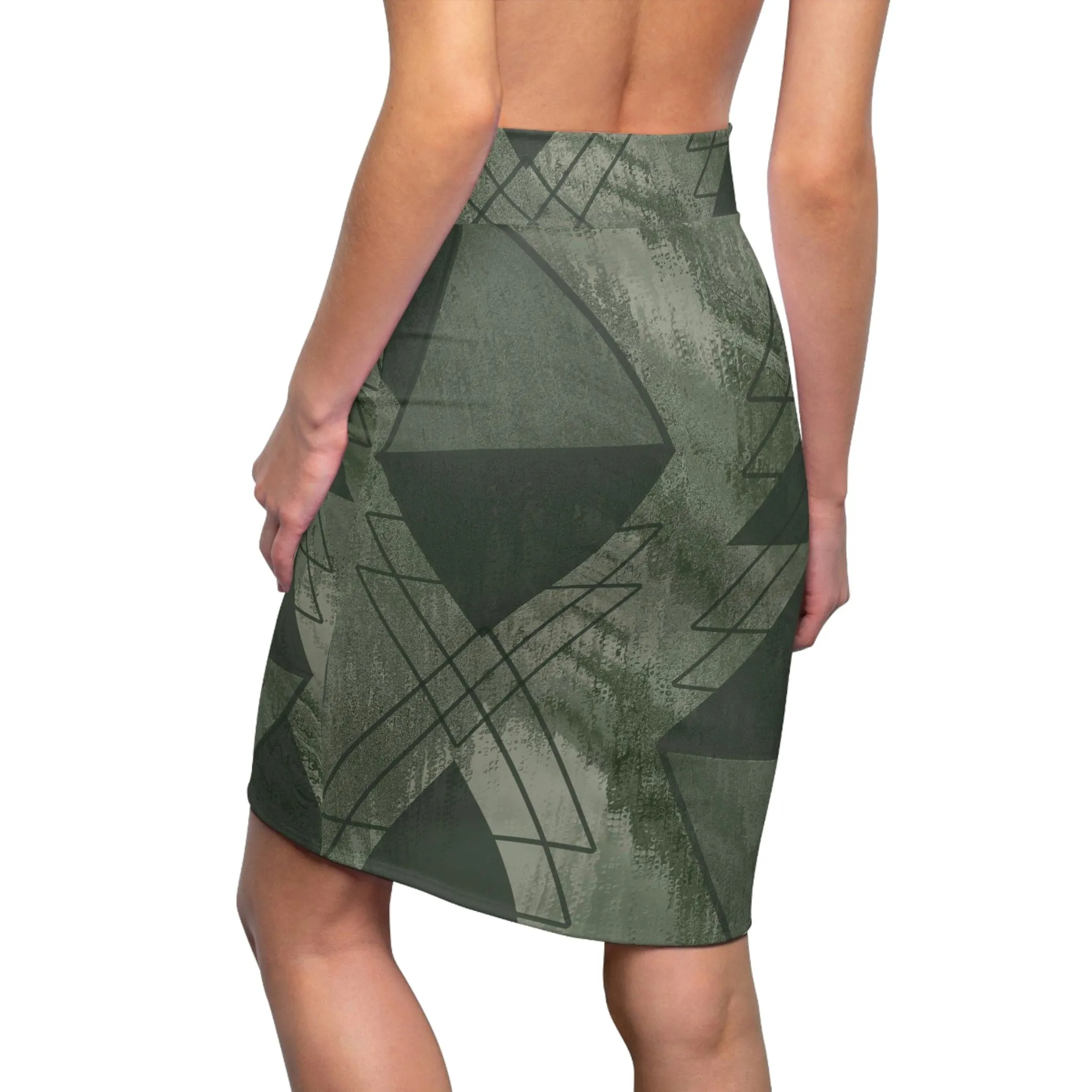 High Waist Womens Pencil Skirt - Contour Stretch - Olive Green Triangular Colorblock