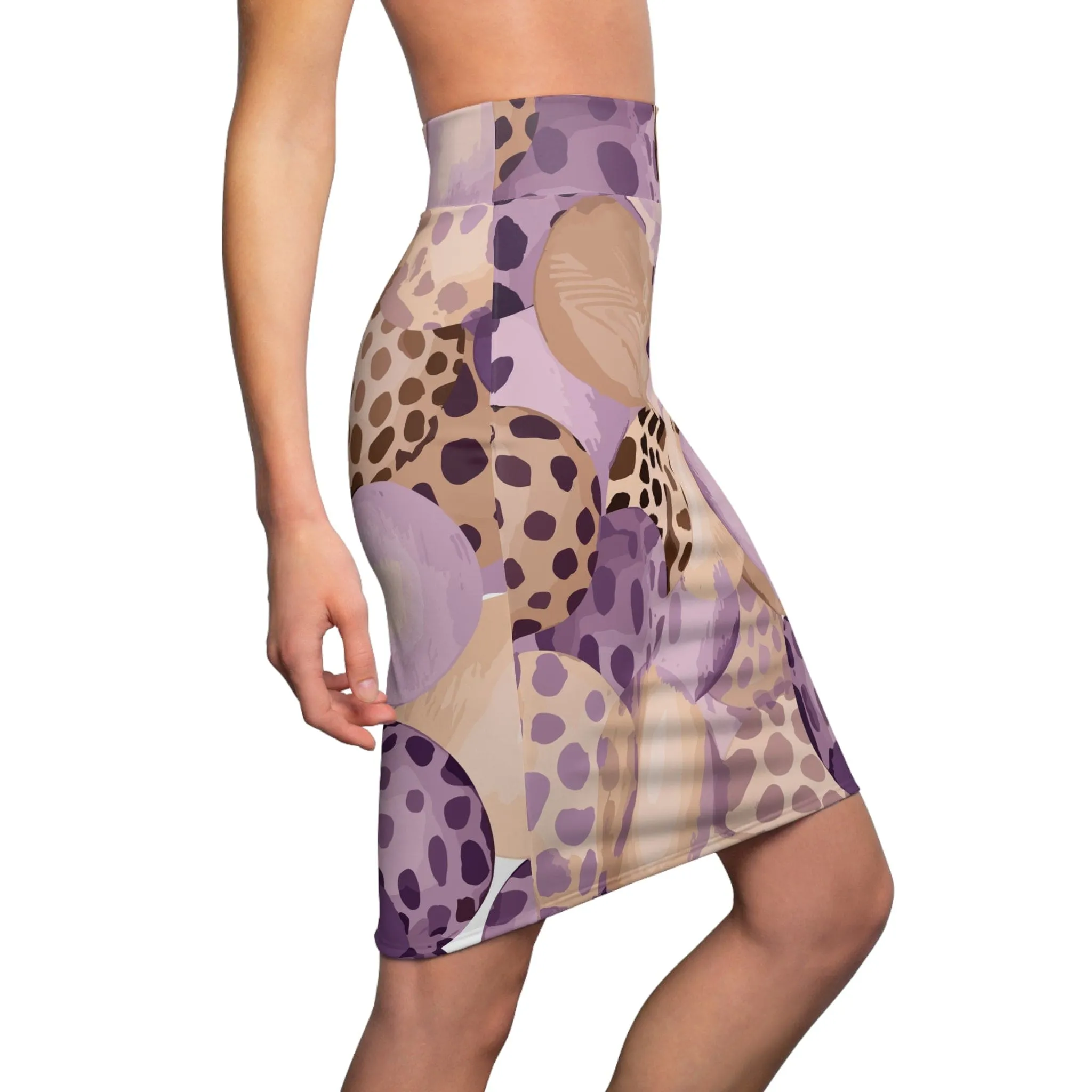 High Waist Womens Pencil Skirt - Contour Stretch - Purple Lavender and Brown Spotted Illustration