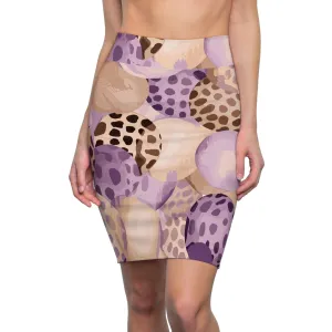 High Waist Womens Pencil Skirt - Contour Stretch - Purple Lavender and Brown Spotted Illustration