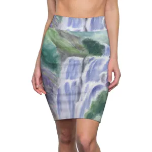 High Waist Womens Pencil Skirt - Contour Stretch - Purple Watercolor Waterfall Green Landscape Nature Print