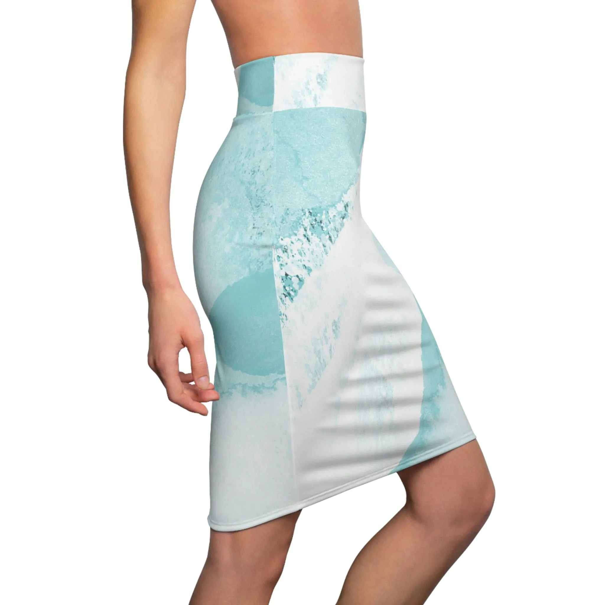 High Waist Womens Pencil Skirt - Contour Stretch - Subtle Abstract Ocean Blue and White Print