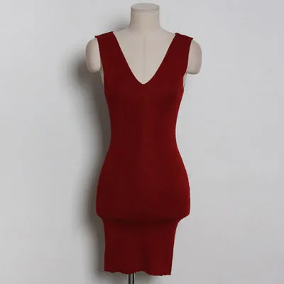 Korea Women V-Neck Slim Look Dress Tall Look Short Fitted Hip Flattering Knitted Sleeveless Tank Top Dress