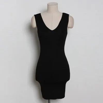 Korea Women V-Neck Slim Look Dress Tall Look Short Fitted Hip Flattering Knitted Sleeveless Tank Top Dress