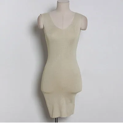 Korea Women V-Neck Slim Look Dress Tall Look Short Fitted Hip Flattering Knitted Sleeveless Tank Top Dress