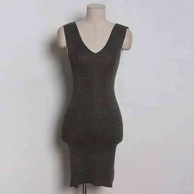 Korea Women V-Neck Slim Look Dress Tall Look Short Fitted Hip Flattering Knitted Sleeveless Tank Top Dress
