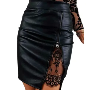 Lace Patchwork Lady High Waist PU Leather Zipper Skirt