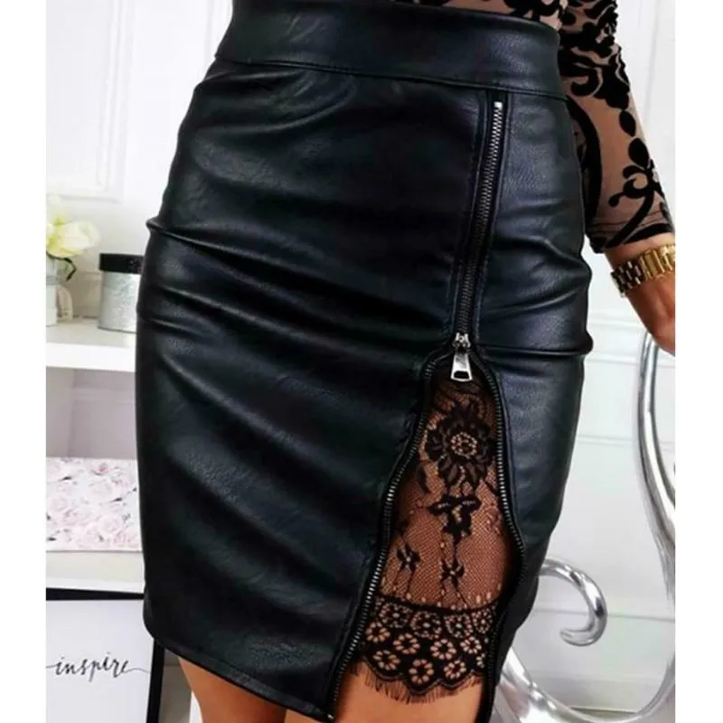 Lace Patchwork Lady High Waist PU Leather Zipper Skirt