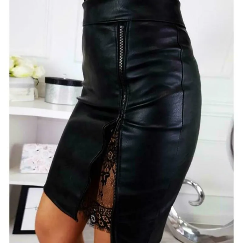 Lace Patchwork Lady High Waist PU Leather Zipper Skirt