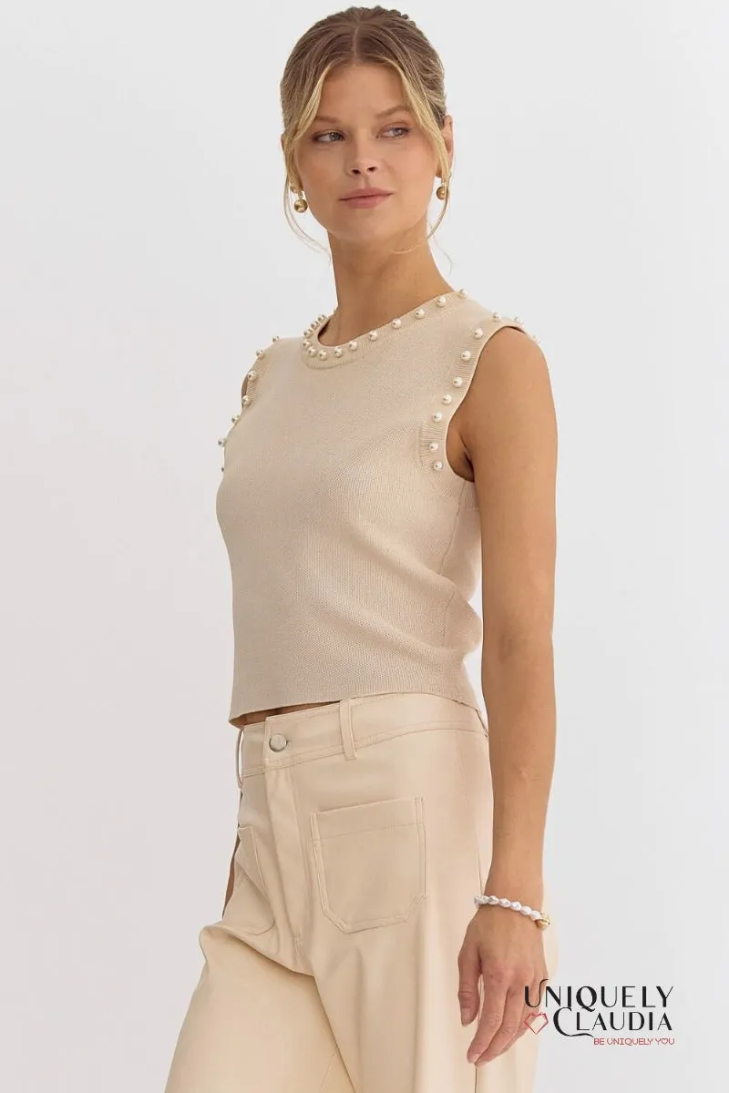 Meghan Pearl Embellished Sleeveless Top