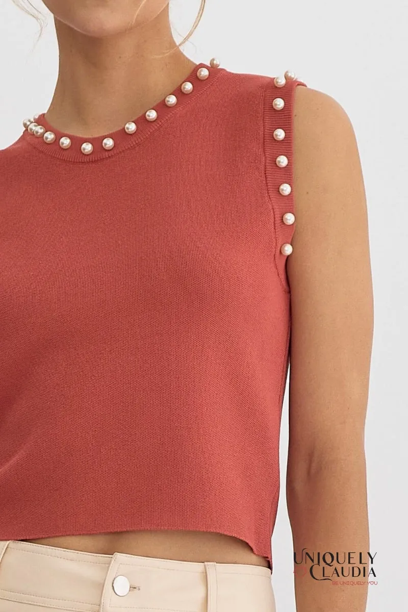 Meghan Pearl Embellished Sleeveless Top