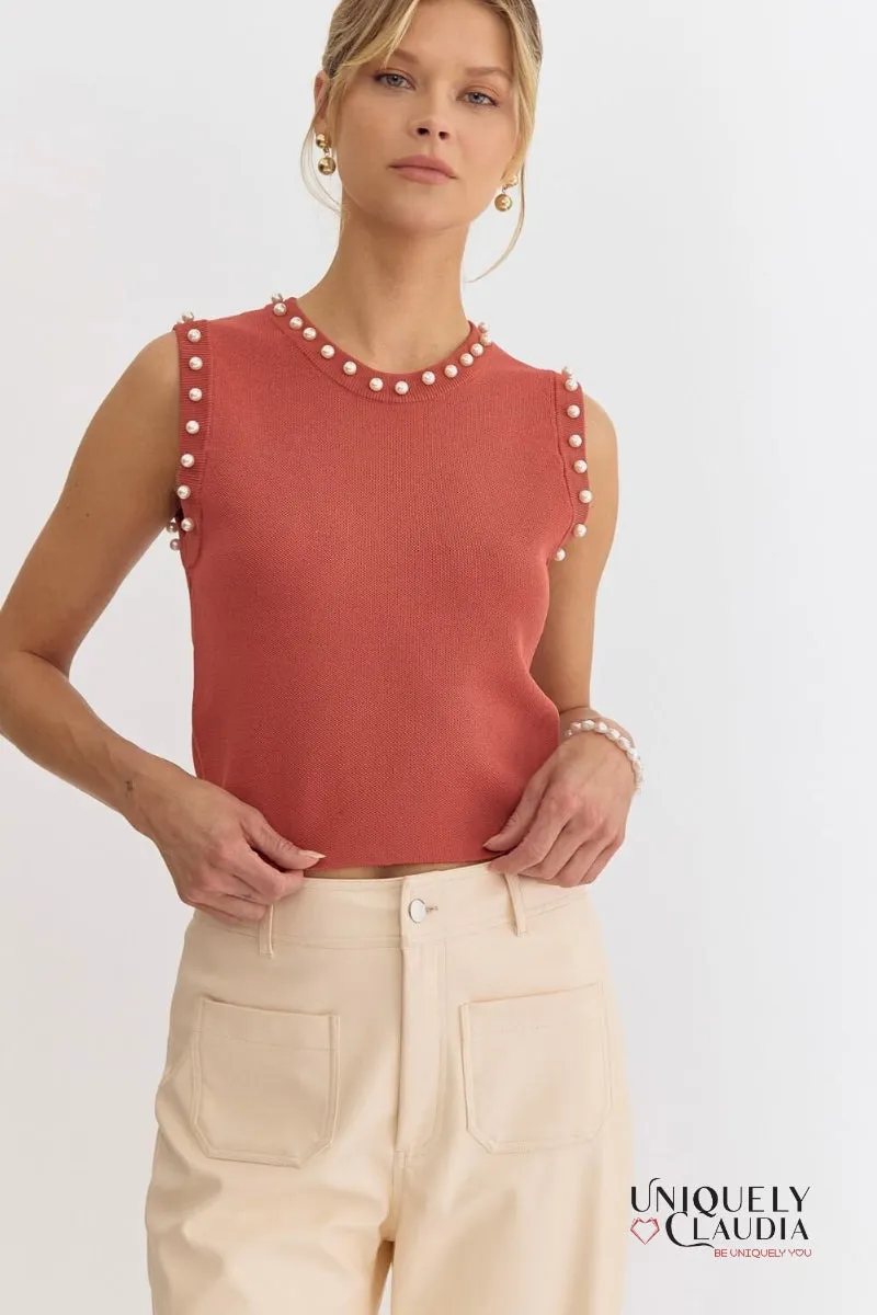 Meghan Pearl Embellished Sleeveless Top