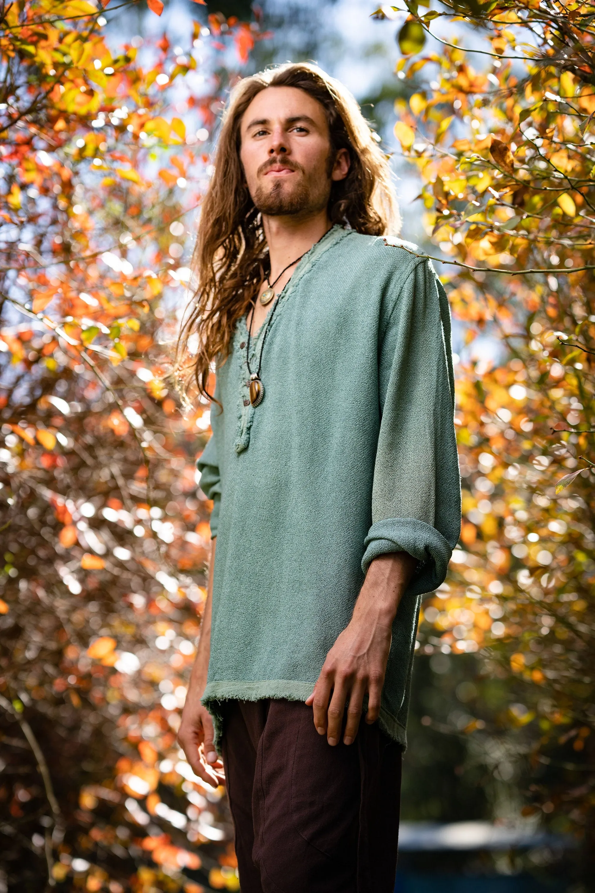 Mens Long Sleeve Top Handmade Neo Matrix Beige Apocalyptic Shirt, Gypsy Earthy Rugged Tribal Nomadic Ethnic Festival Rave Primitive AJJAYA