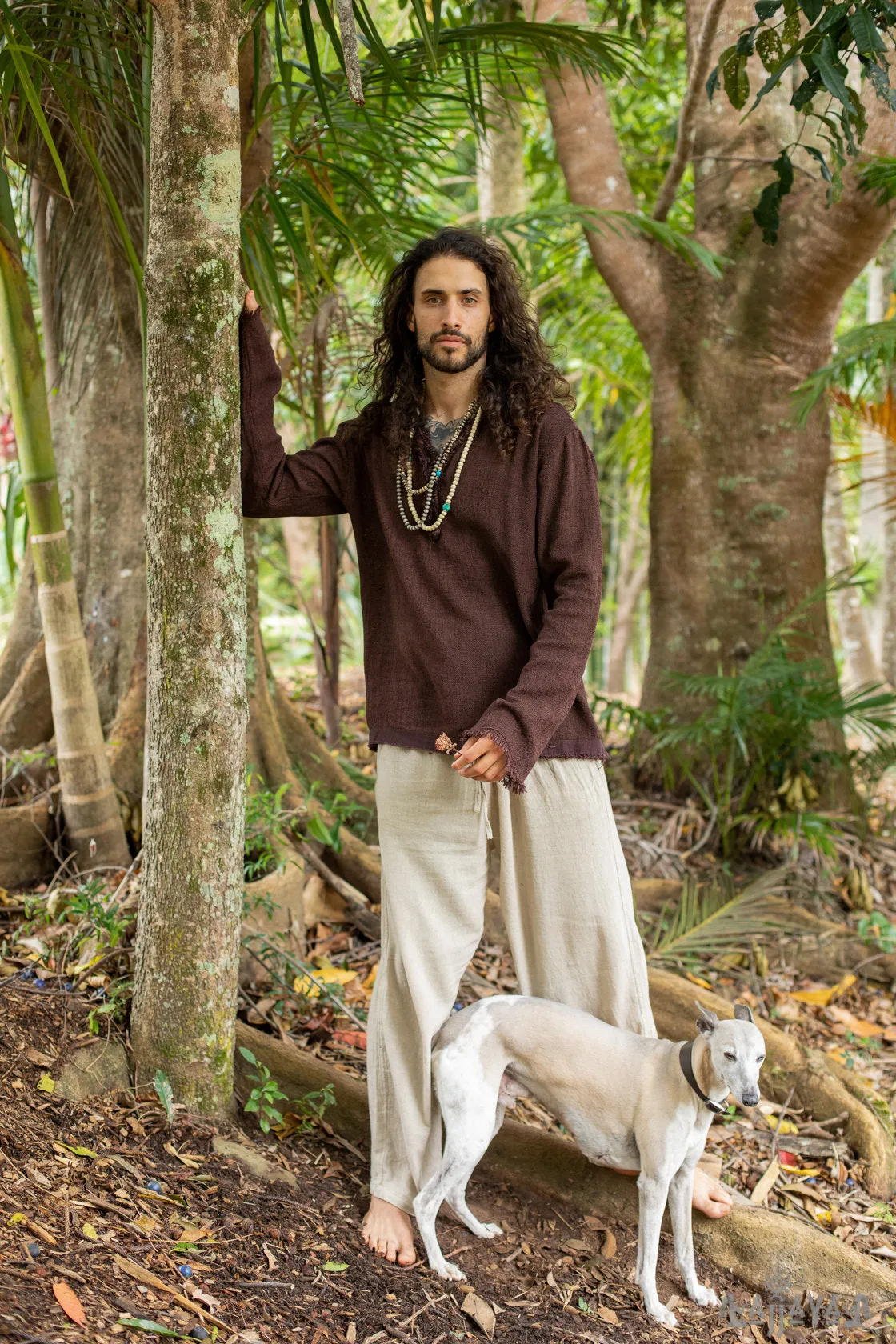 Mens Long Sleeve Top Handmade Neo Matrix Beige Apocalyptic Shirt, Gypsy Earthy Rugged Tribal Nomadic Ethnic Festival Rave Primitive AJJAYA