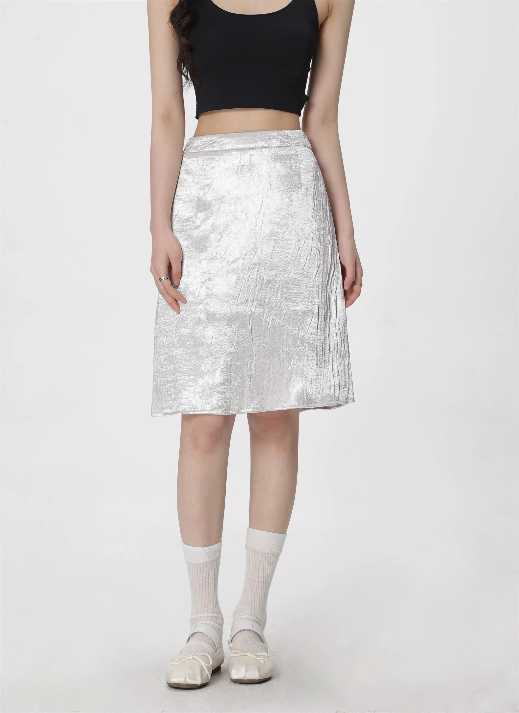 Metallic Crinkle-Texture Midi Skirt