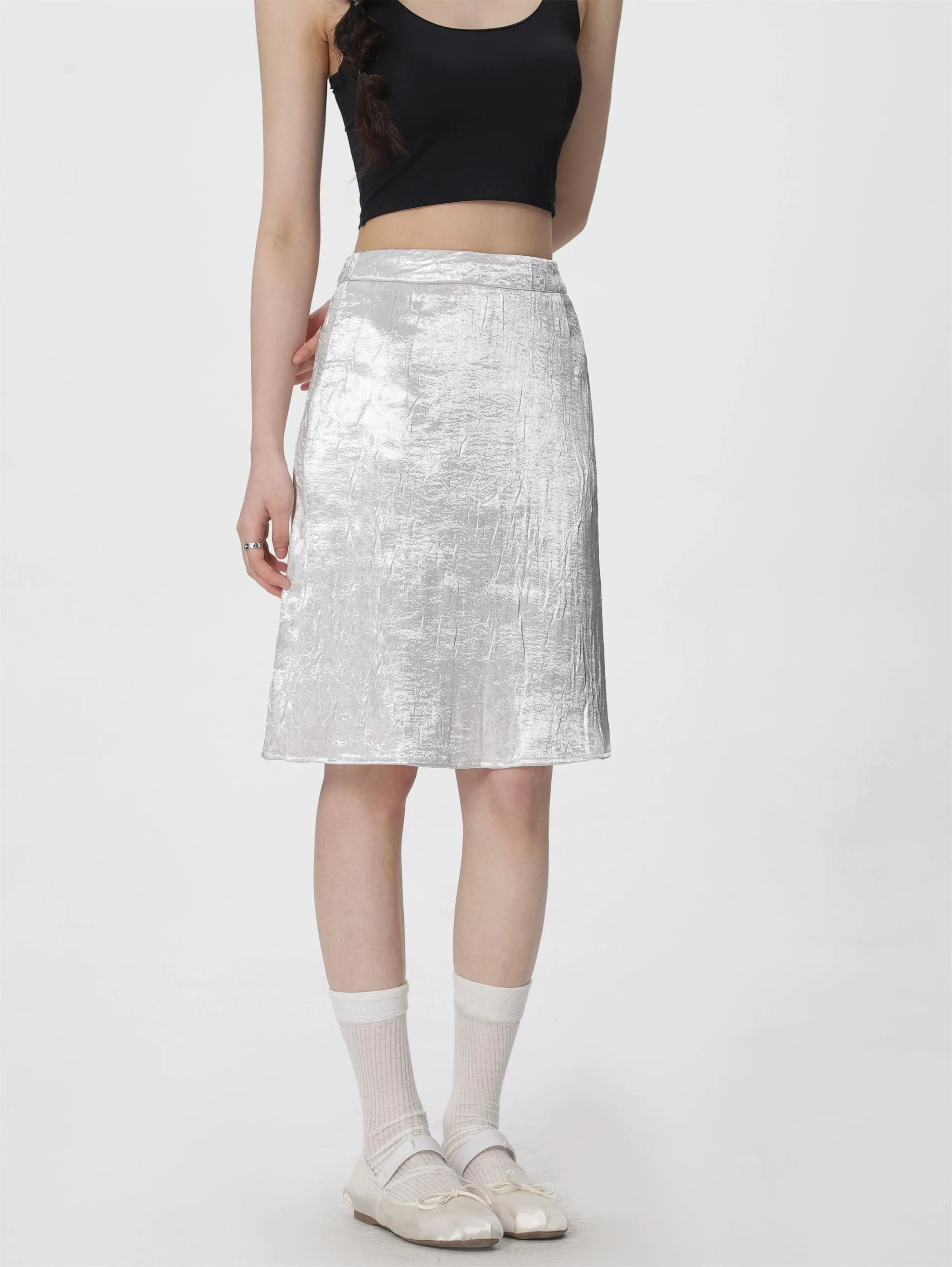 Metallic Crinkle-Texture Midi Skirt