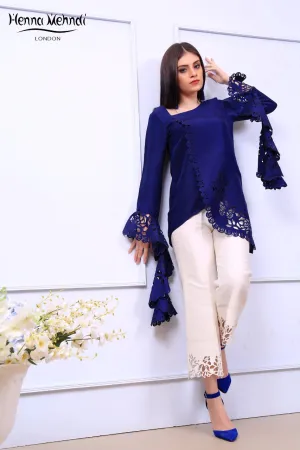 Navy Ruffle Sleeves Laser Cut Outfit