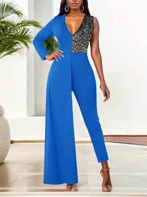One Sequined  Elegant Plunging V-neck Asymmetrical Party Jumpsuit