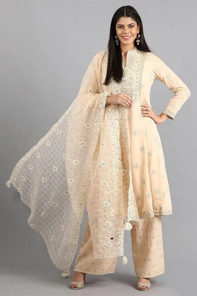 Peach Mandarin Neck Embellished kurta Set