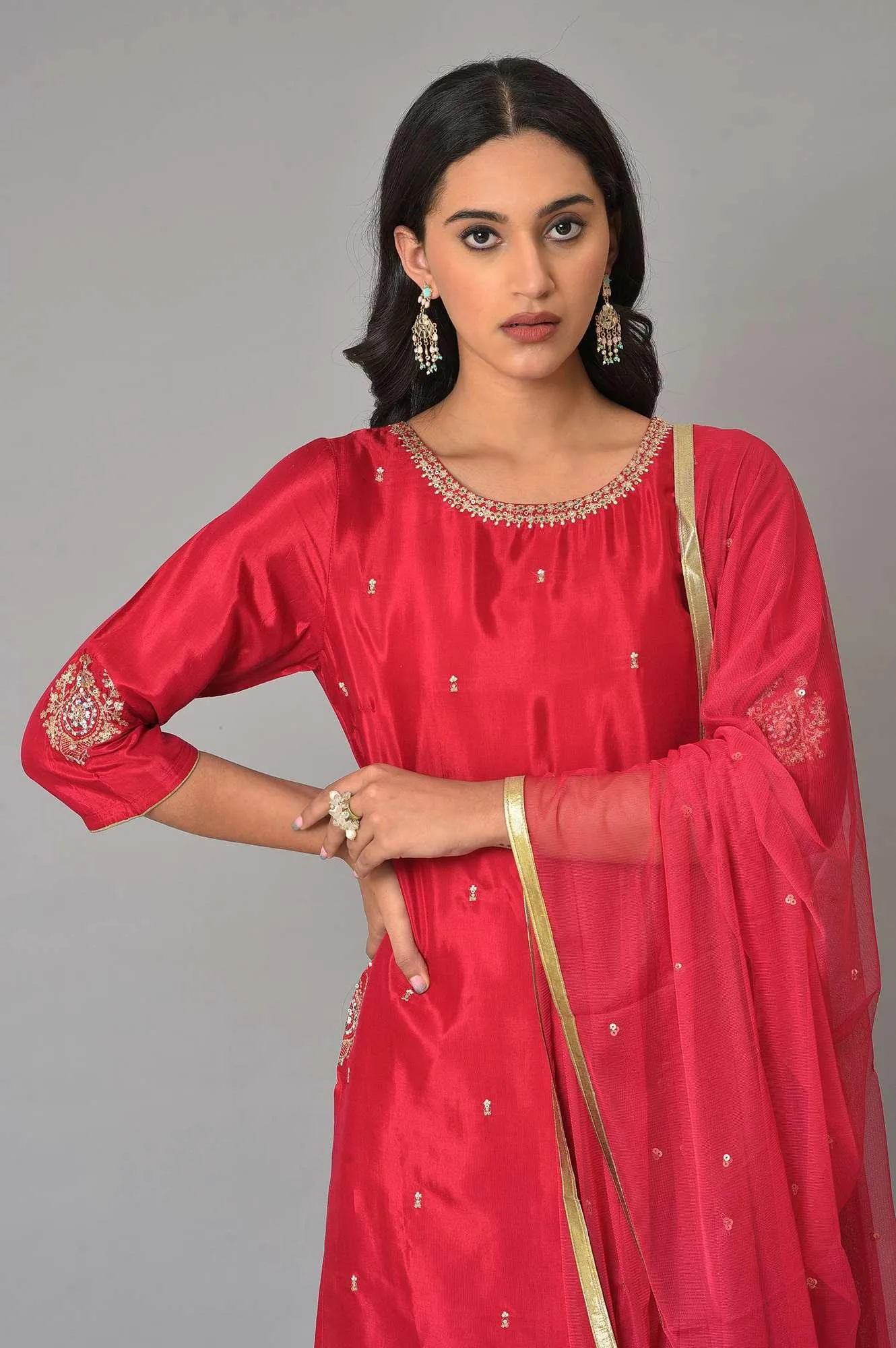 Red Embroidered Festive kurta With Culottes And Mesh Dupatta