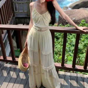 Set: Plain Fringed Crop Cami Top   Elastic Waist Culottes
