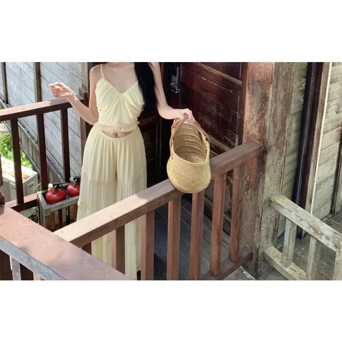 Set: Plain Fringed Crop Cami Top   Elastic Waist Culottes