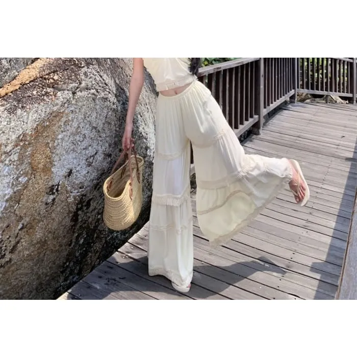 Set: Plain Fringed Crop Cami Top   Elastic Waist Culottes