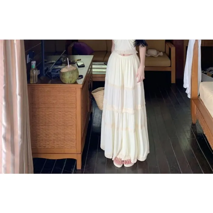 Set: Plain Fringed Crop Cami Top   Elastic Waist Culottes