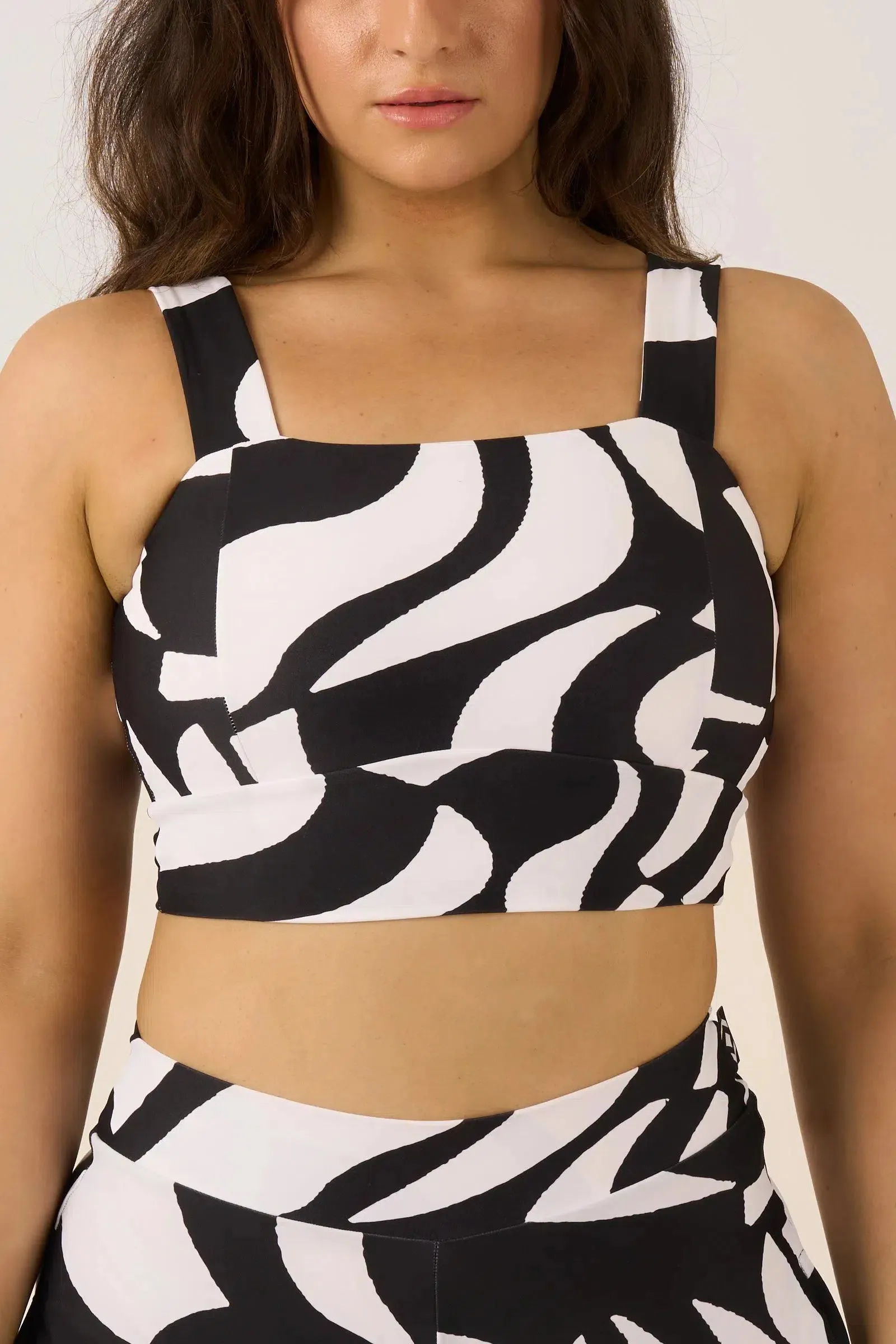 Silky Square Neck Comfort Crop Top - Black Geo Waves