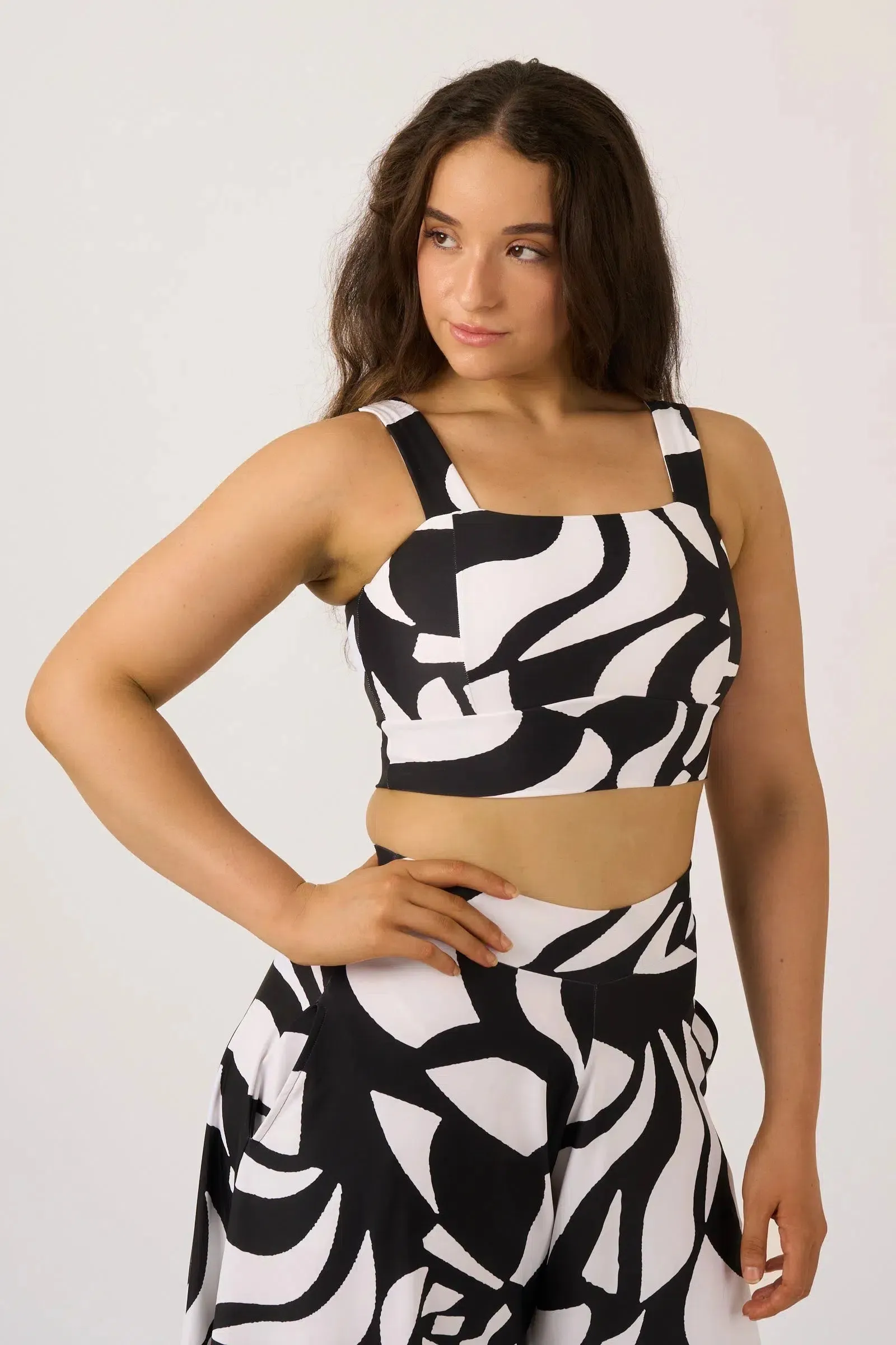Silky Square Neck Comfort Crop Top - Black Geo Waves