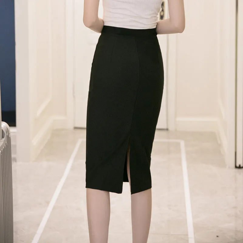 Skirt Mid-Length High Waist Slim Look All-Matching Hip Flattering Splitted Black Skirt
