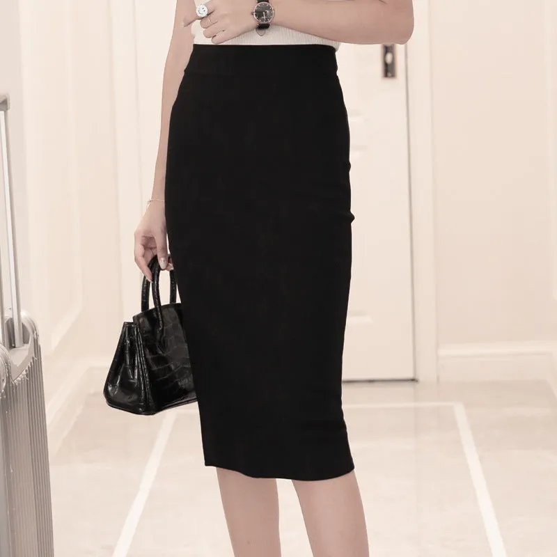 Skirt Mid-Length High Waist Slim Look All-Matching Hip Flattering Splitted Black Skirt