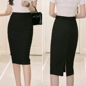 Skirt Mid-Length High Waist Slim Look All-Matching Hip Flattering Splitted Black Skirt