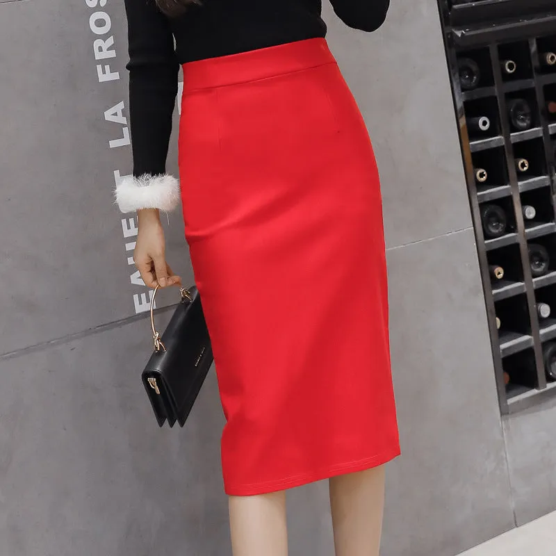 Skirt Mid-Length High Waist Slim Look All-Matching Hip Flattering Splitted Black Skirt