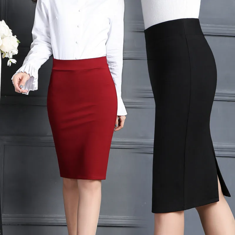 Splitted Skirt Mid Length  Suits Hip Flattering Stretchable Slim Look OL Skirt