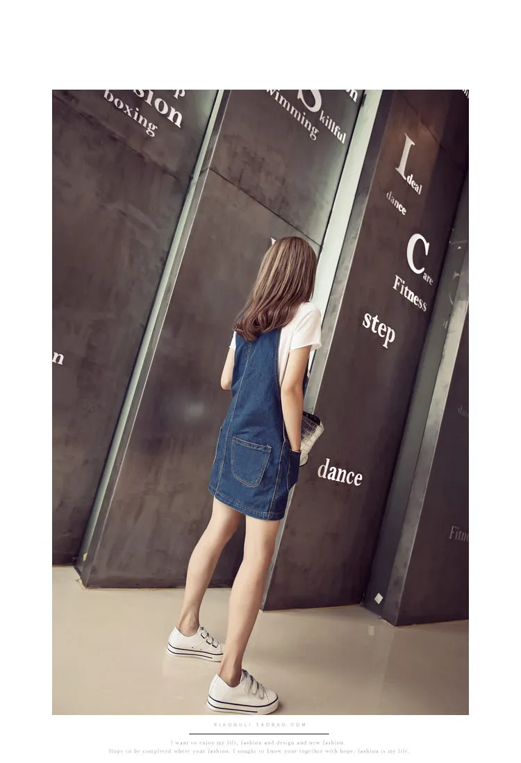 Summer Korea Loose Slim Look Pocket Denim Strap One-Piece Pocket Dress