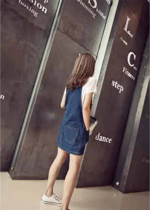 Summer Korea Loose Slim Look Pocket Denim Strap One-Piece Pocket Dress