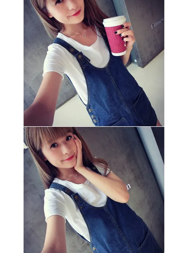 Summer Korea Loose Slim Look Pocket Denim Strap One-Piece Pocket Dress