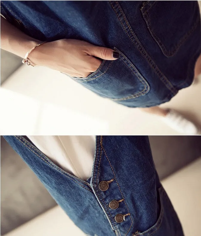 Summer Korea Loose Slim Look Pocket Denim Strap One-Piece Pocket Dress