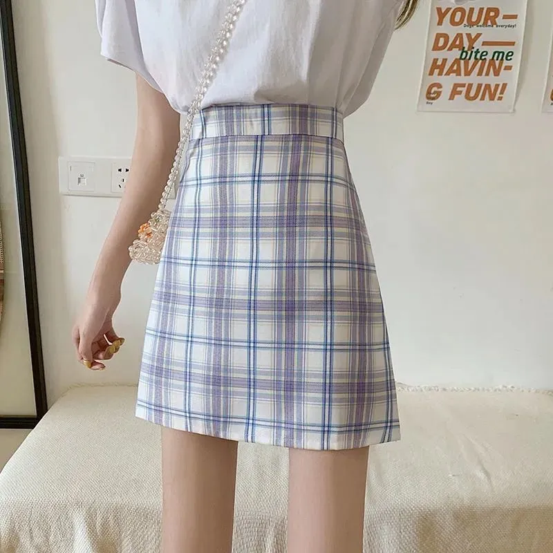 Summer Korean All-Matching High Waist Slim Look A-Line Skirt Women Hip Flattering Chequered Skirt